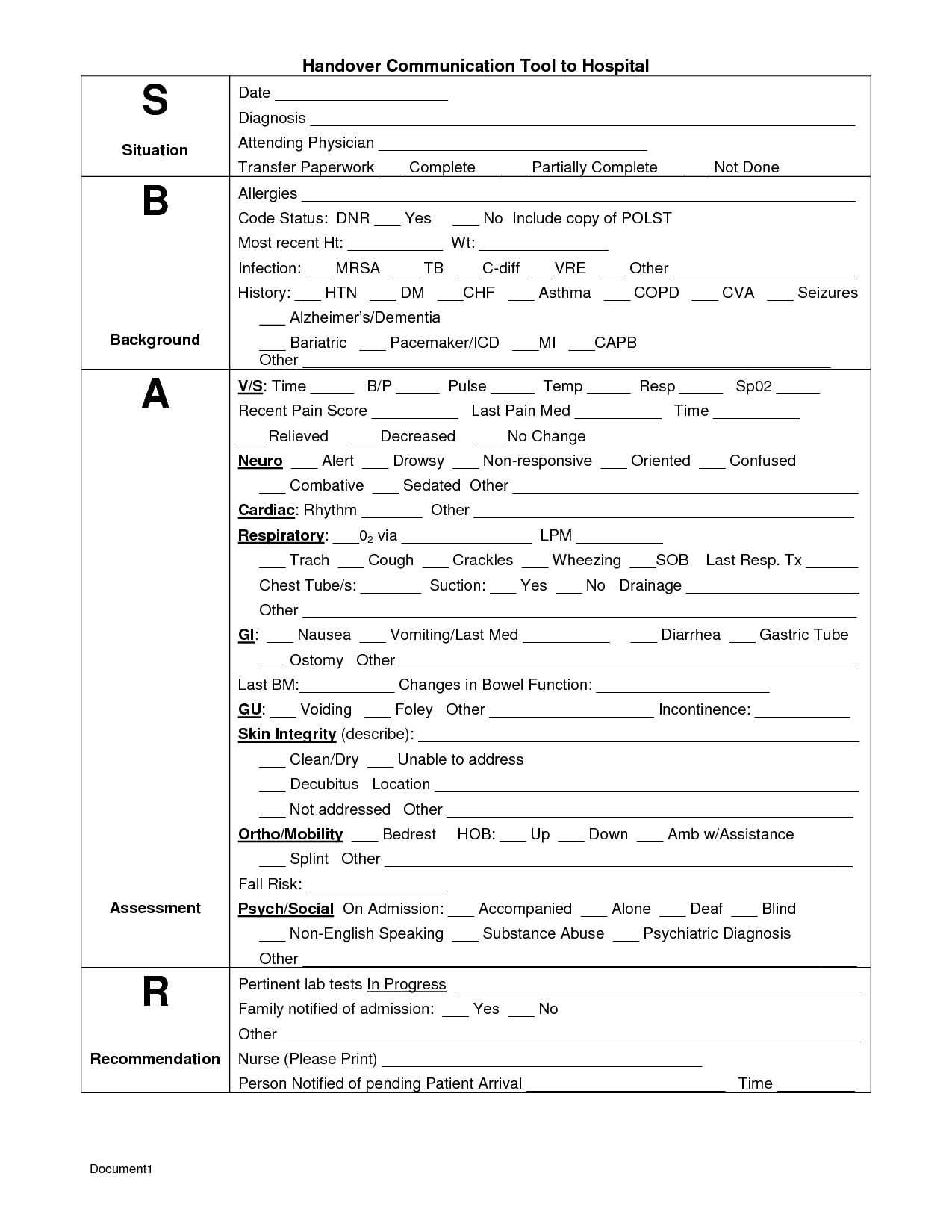 Sbar Worksheets