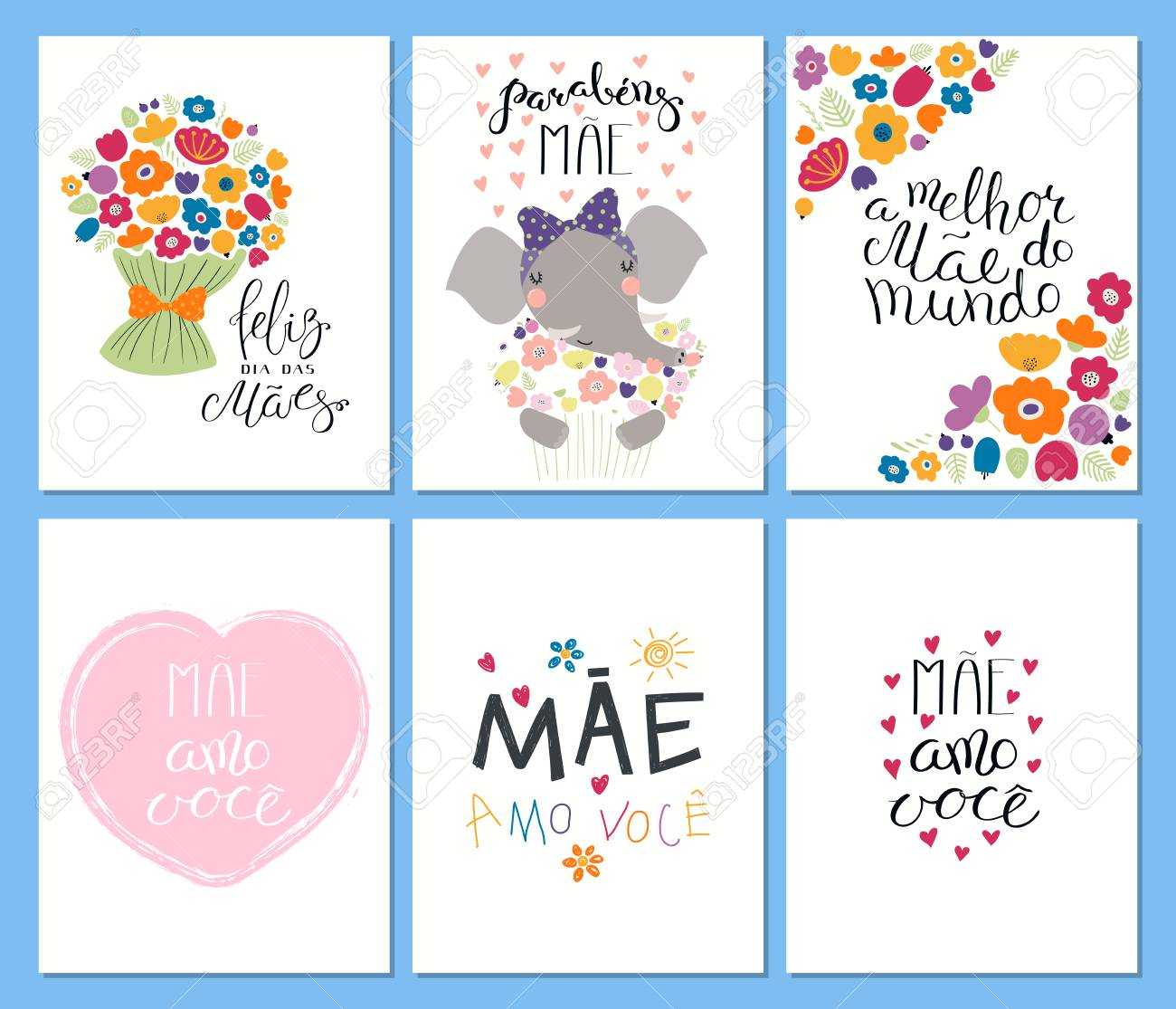 Set Of Mother's Day Cards Templates With Quotes In Portuguese For Mothers Day Card Templates
