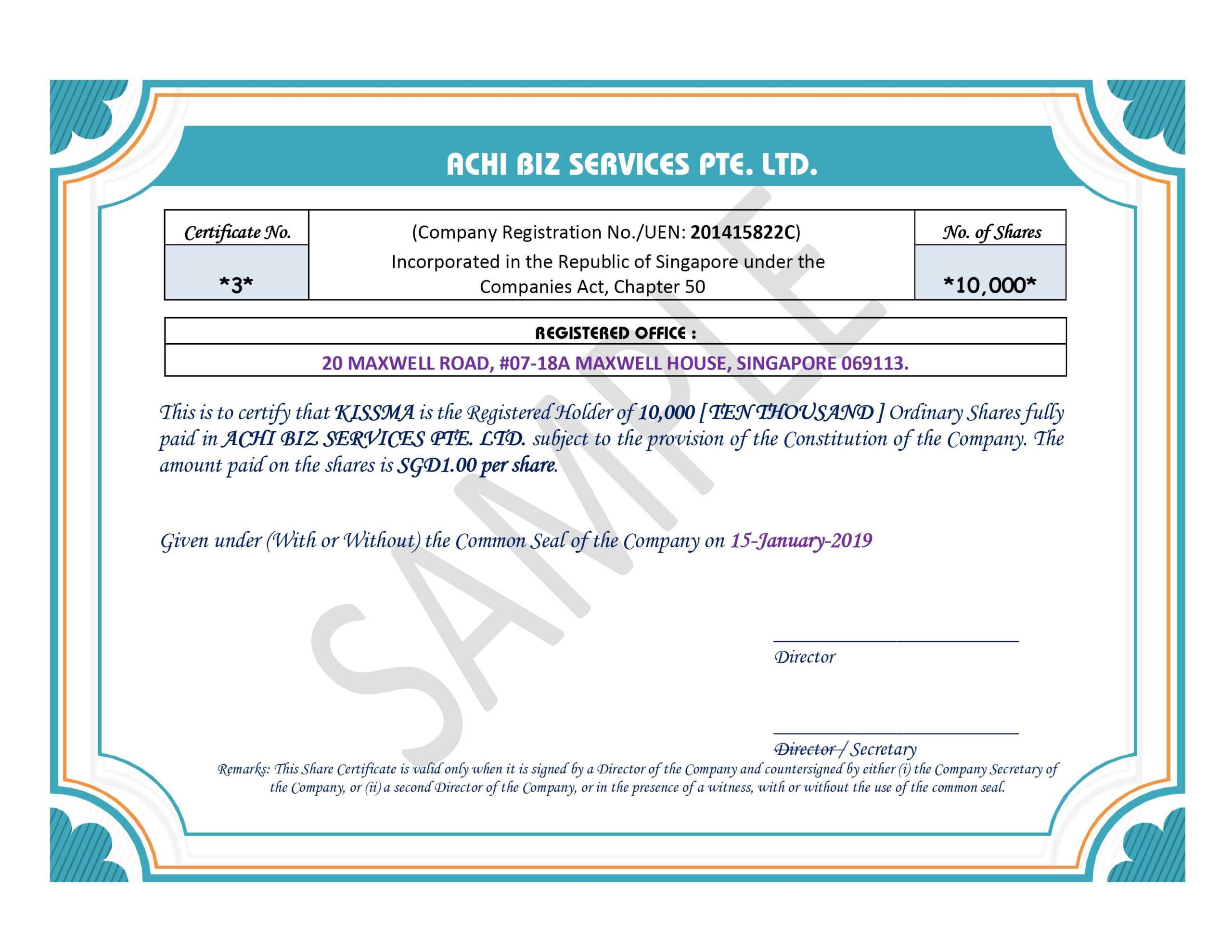 Share Certificate In Singapore ~ Achibiz Inside Share Certificate Template Companies House