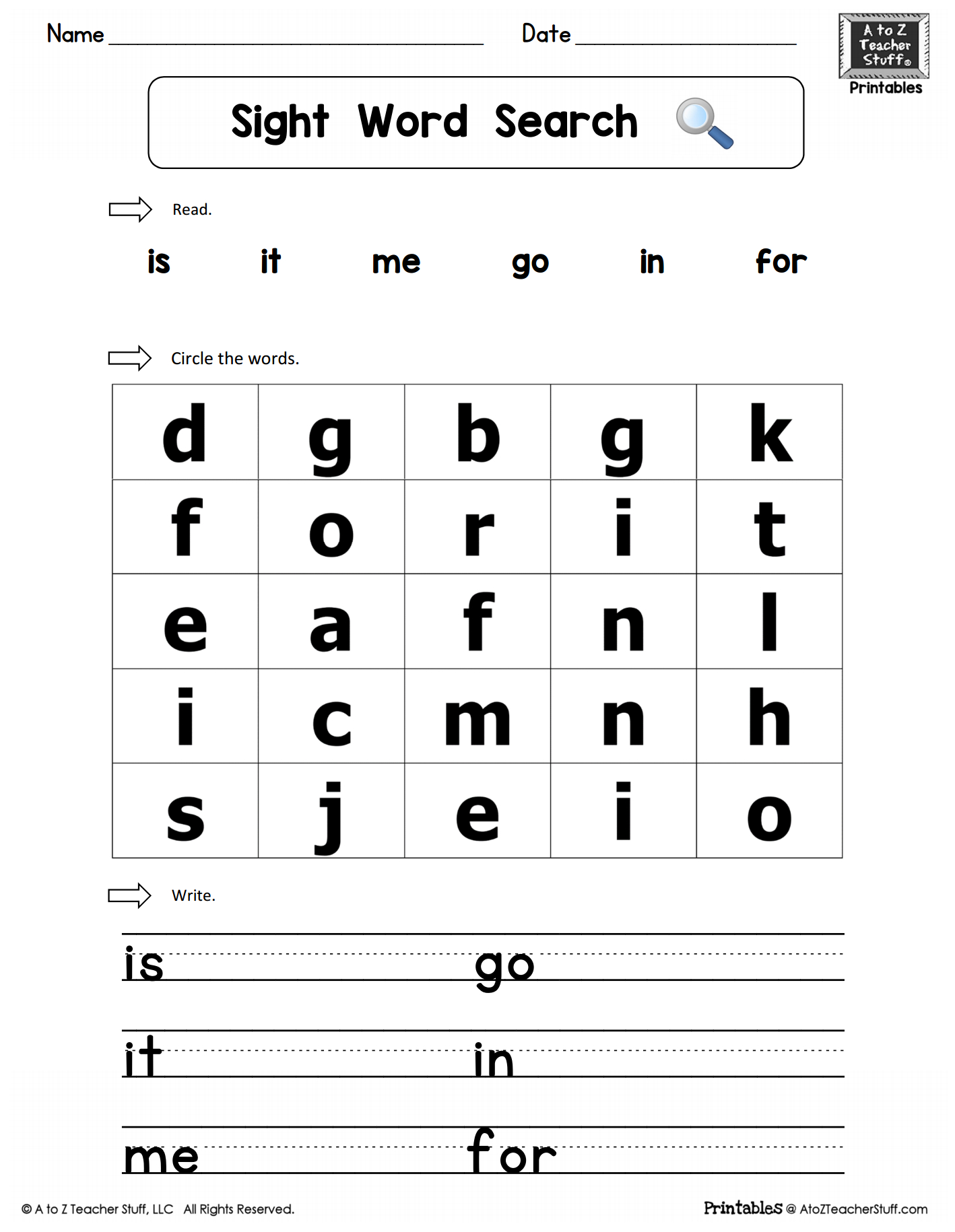 Sight Words Practice Word Search: Is, It, Me, Go, In, For In Blank Word Search Template Free