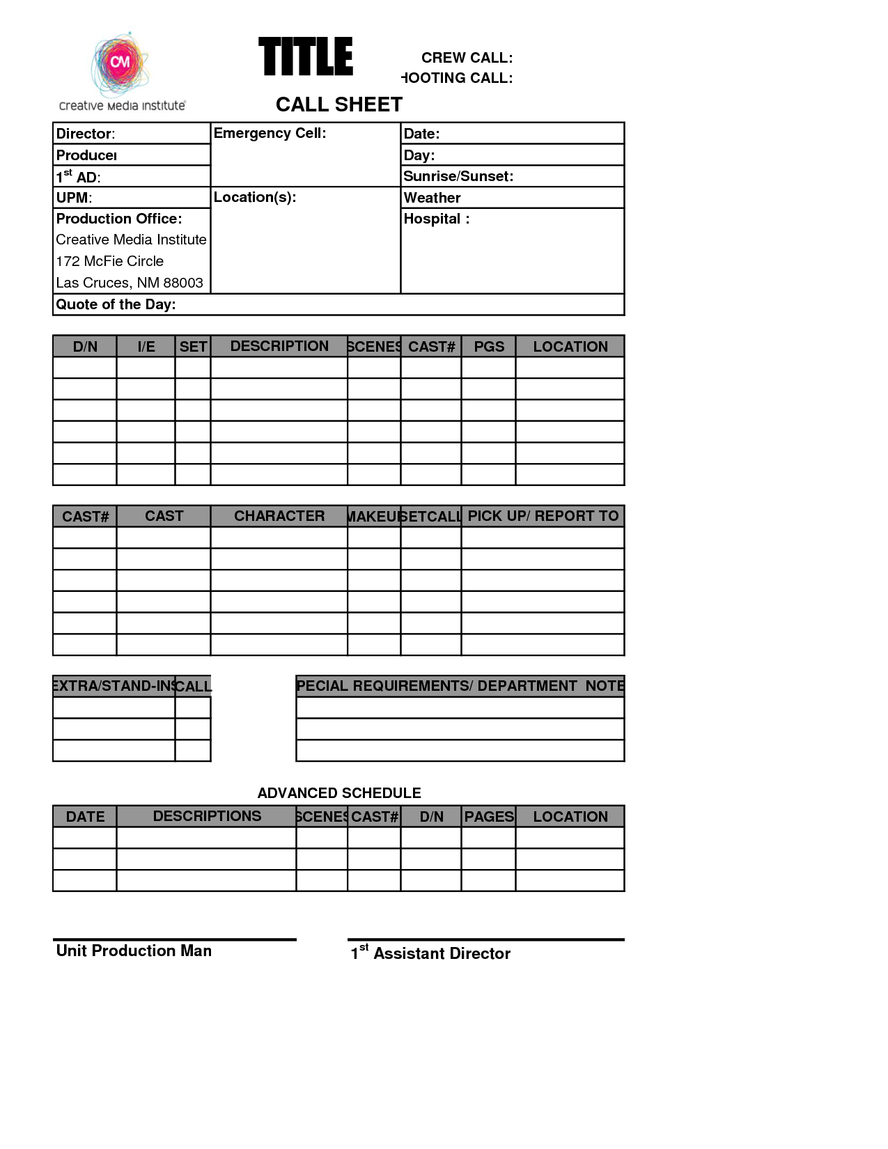 Simple And Easy To Use Call Sheet Template Sample : Venocor With Blank Call Sheet Template