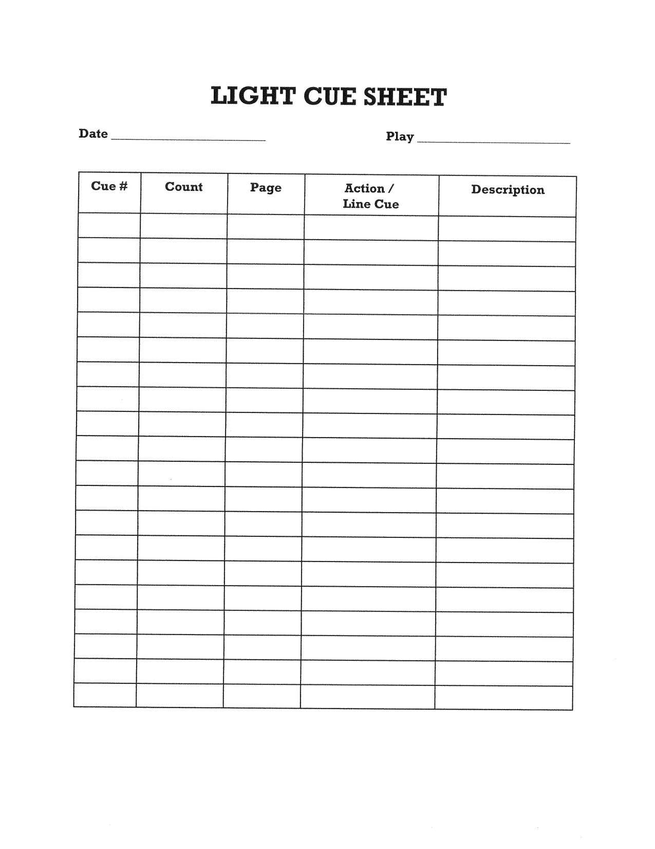 Simple Lighting Cue Sheet For Students. In 2019 | Cue Sheet With Queue Cards Template