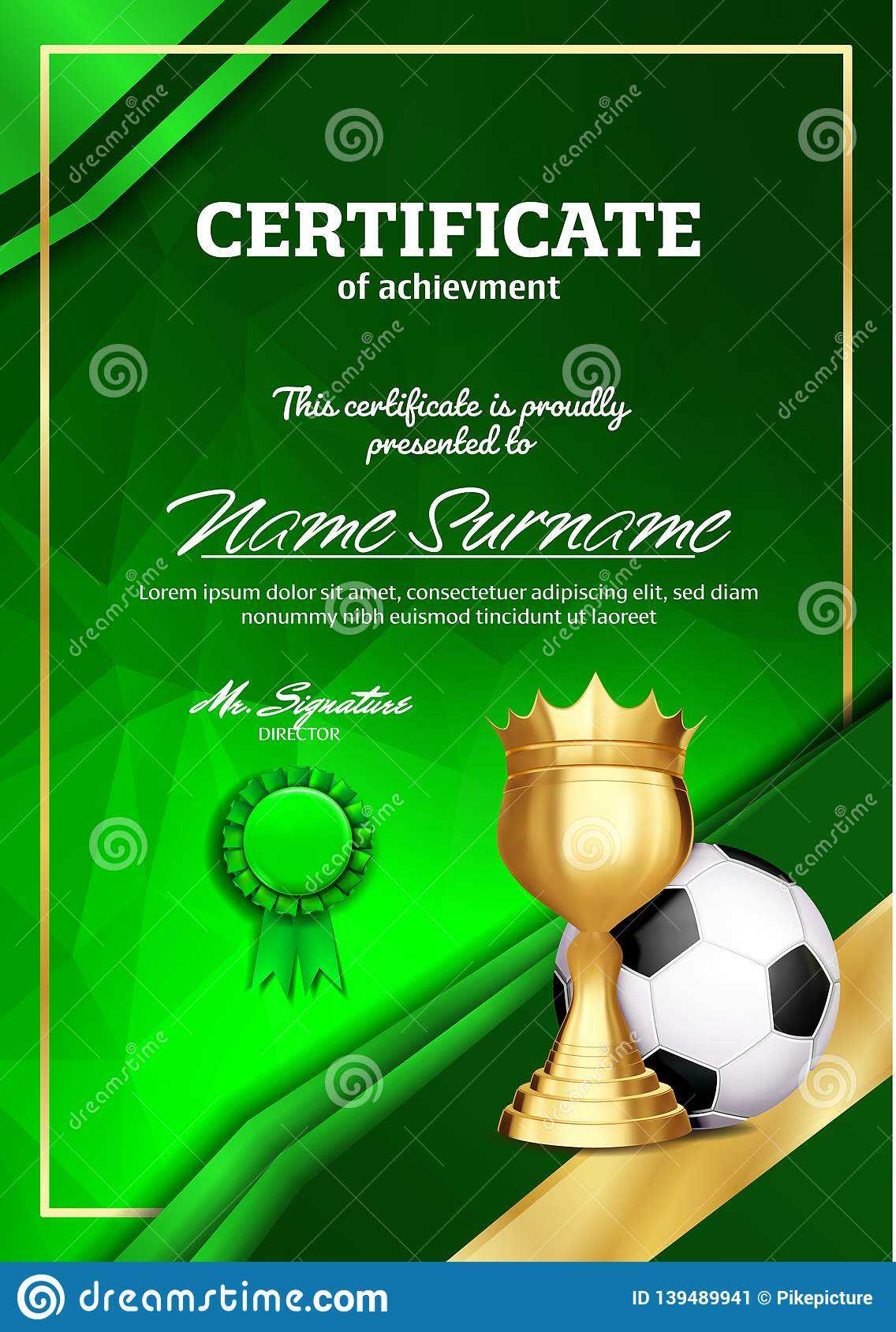 Soccer Certificate Diploma With Golden Cup Vector. Football Regarding Soccer Certificate Template Free