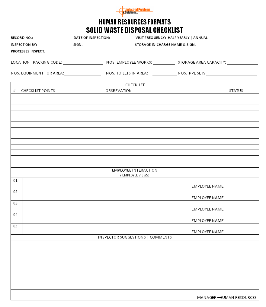 Solid Waste Disposal Checklist Format In Waste Management Report Template