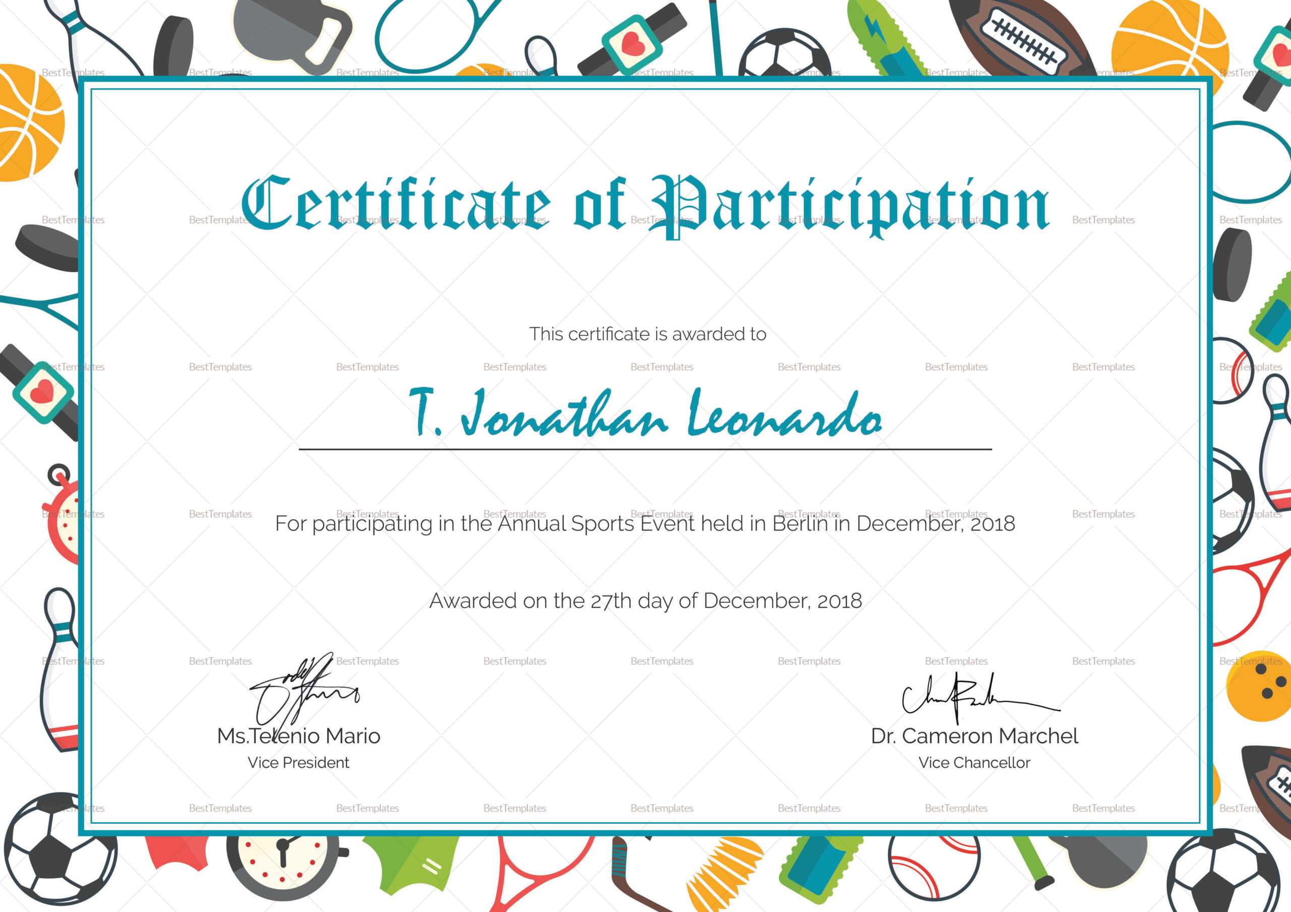 Sports Participation Certificate Template Intended For Sports Day Certificate Templates Free
