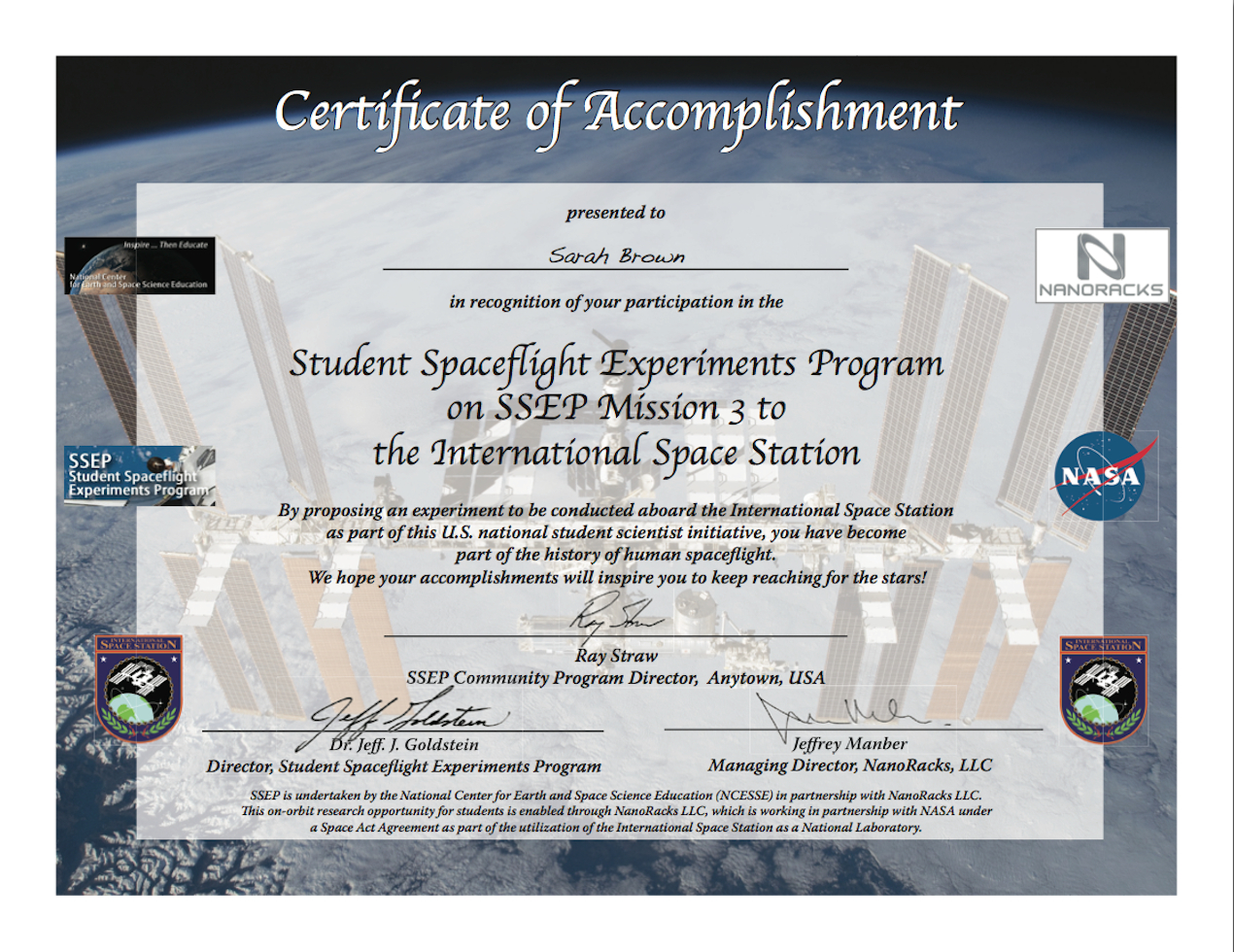 Ssep Mission 3 To Iss Student Certificates Of Accomplishment Throughout Conference Participation Certificate Template