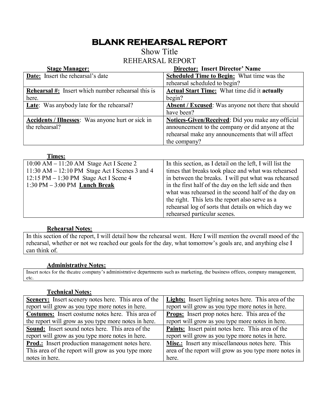 Stage Manager Rehearsal Report – Google Search In 2019 Pertaining To Rehearsal Report Template
