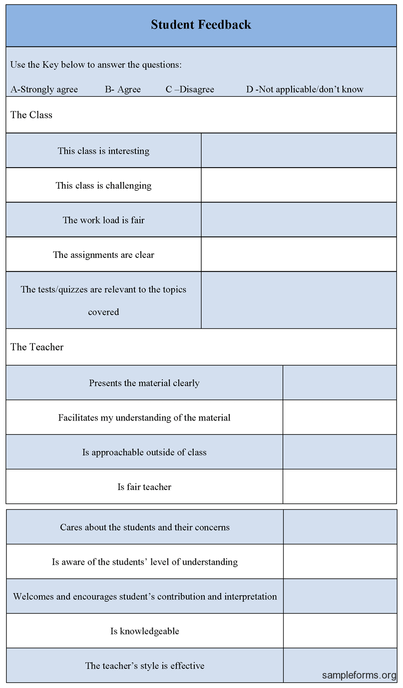 Student Feedback Form : Sample Forms With Student Feedback Form Template Word