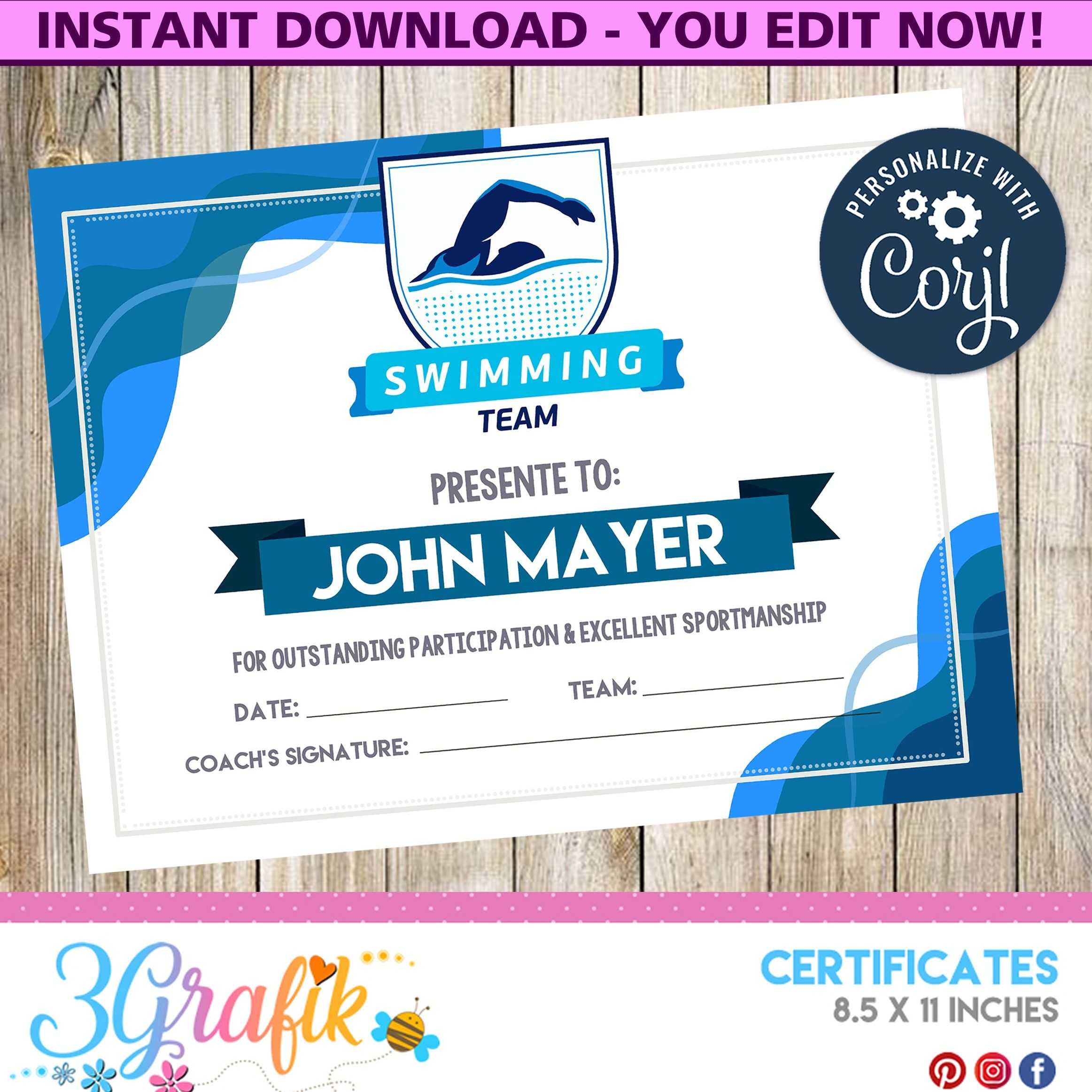 Swimming – Certificate – Printable – 3Grafik | Swimming Intended For Swimming Certificate Templates Free