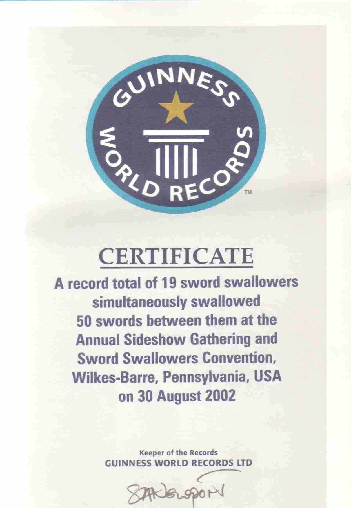 Sword Swallowers Association Intl Ssai Sword Swallowing With Regard To Guinness World Record Certificate Template