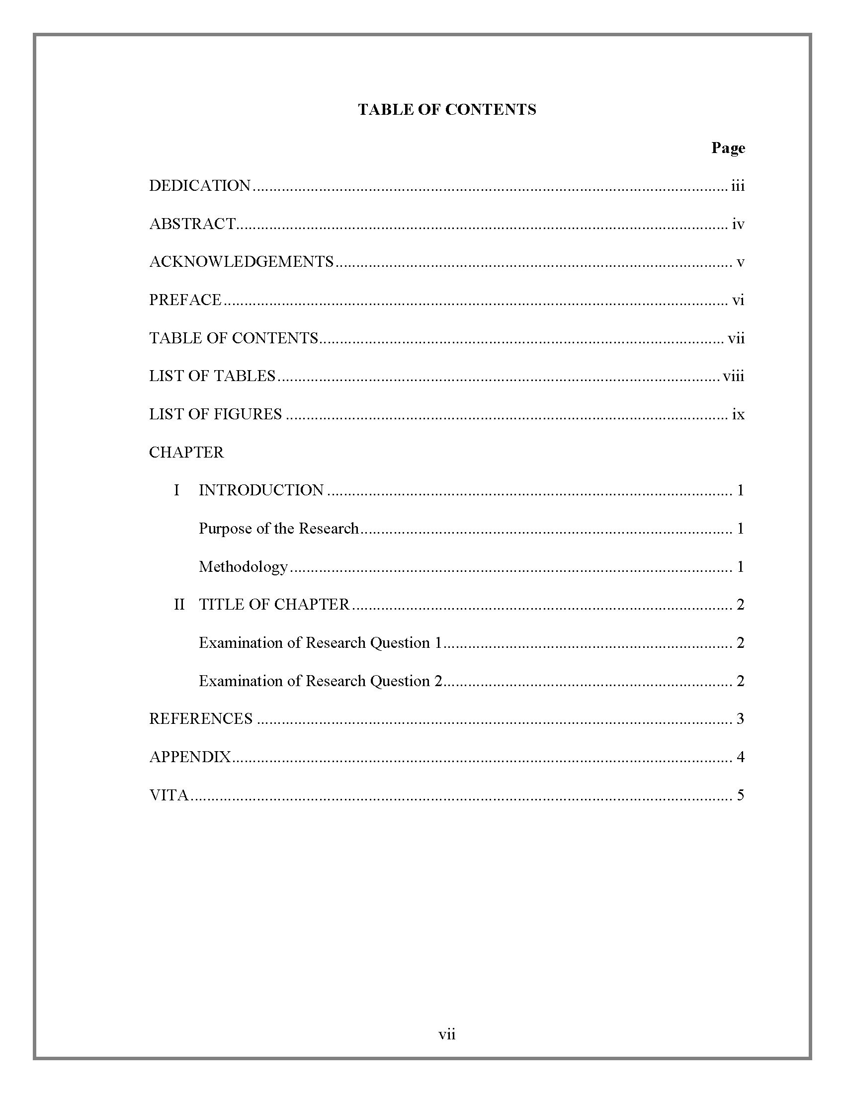Table Of Contents – Thesis And Dissertation – Research Inside Microsoft Word Table Of Contents Template