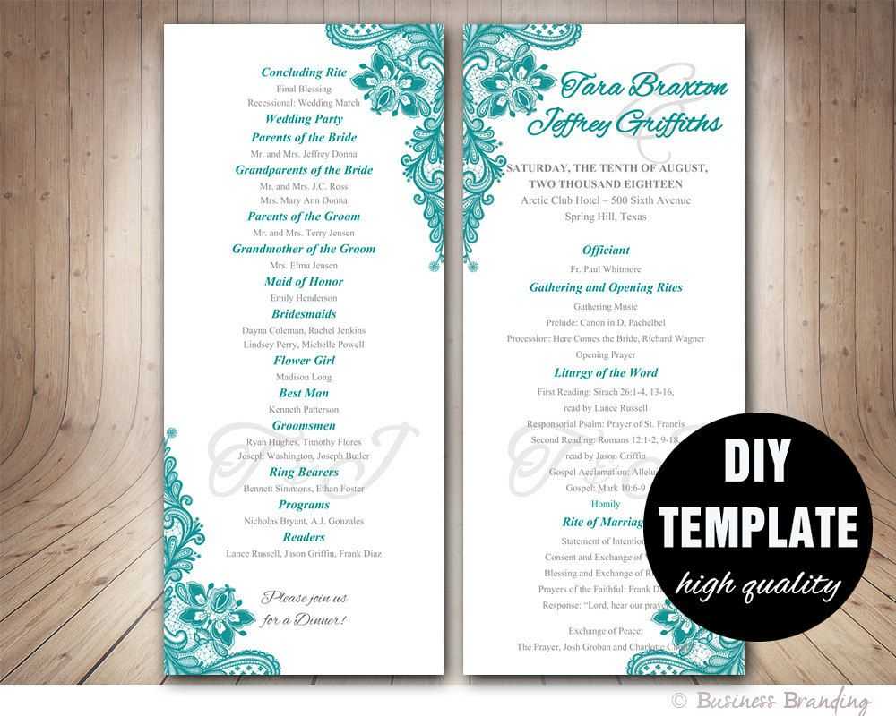 Teal Wedding Program Template - Instant Download Microsoft Intended For Free Printable Wedding Program Templates Word