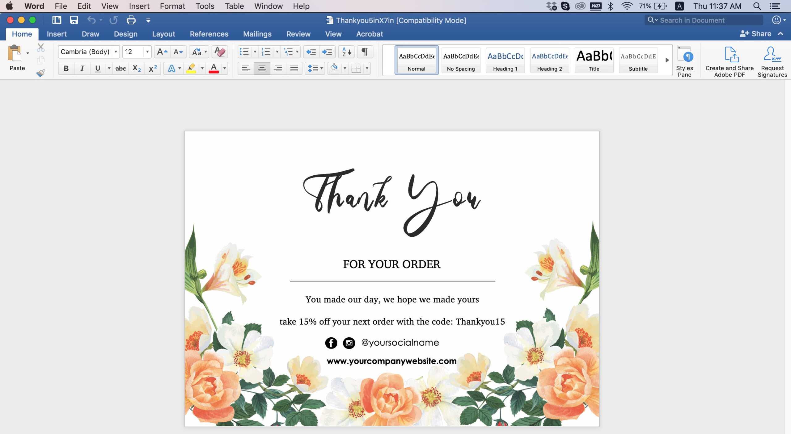 Thank You Card Id08 Throughout Thank You Card Template Word