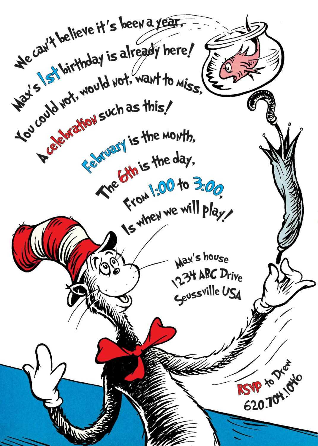 The Cat In The Hat Birthday Invitation. Printable | Dr Seuss With Dr Seuss Birthday Card Template