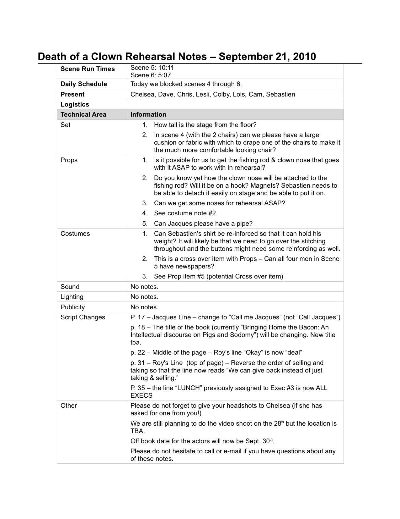 The Sm Prompt Book: Show Bible Pt. 2 – Lois Backstage With Rehearsal Report Template