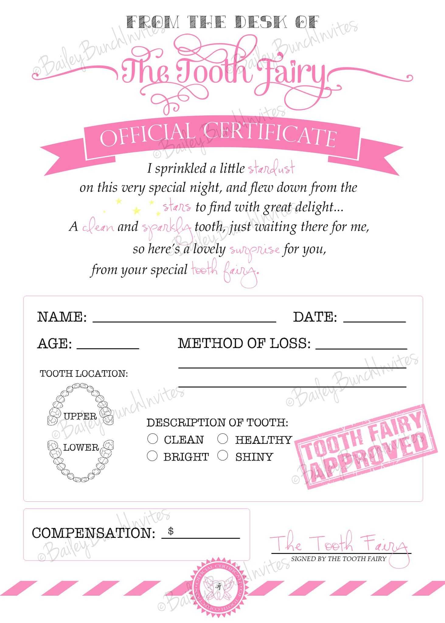 Tooth Fairy Certificate - Pink - Instant Download In Tooth Fairy Certificate Template Free