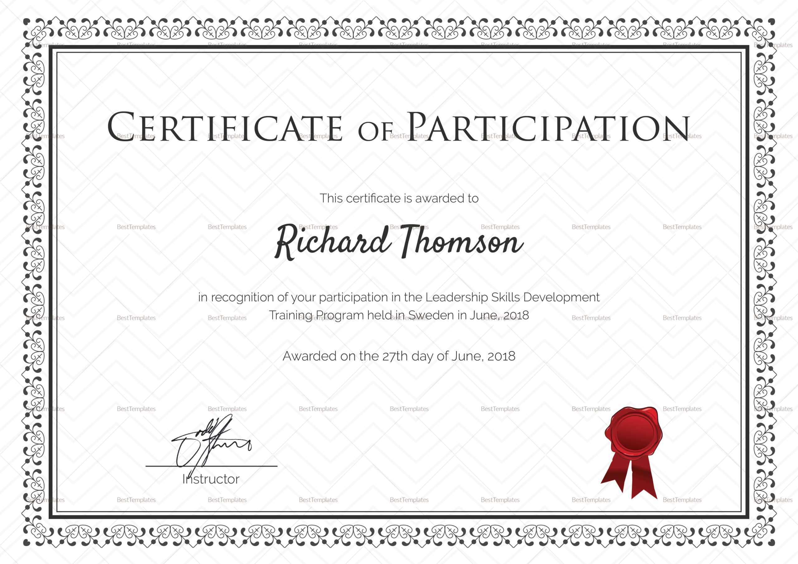 Training Participation Certificate Template With Templates For Certificates Of Participation