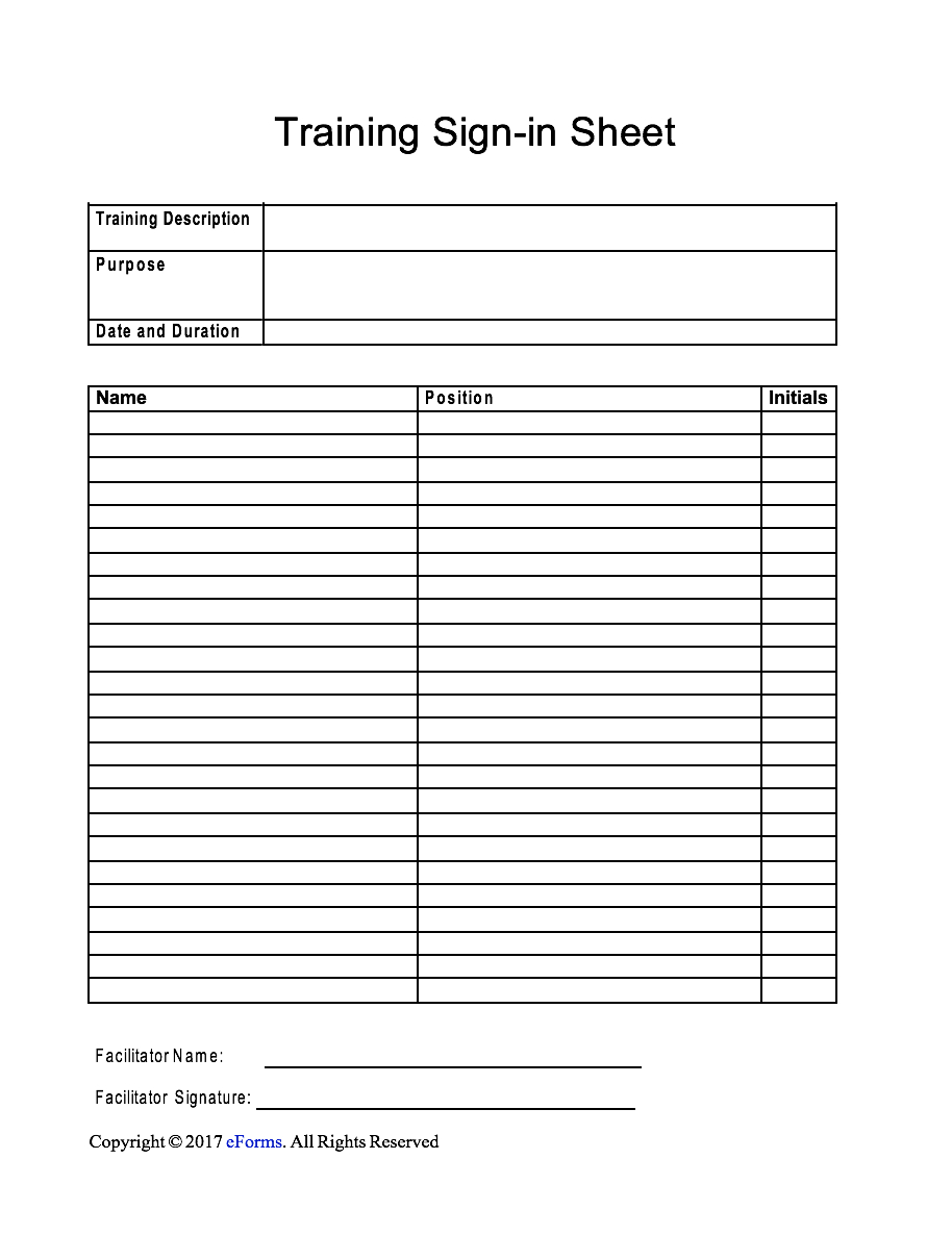 Training Sign In Sheet Template | Eforms – Free Fillable Forms Within Training Documentation Template Word