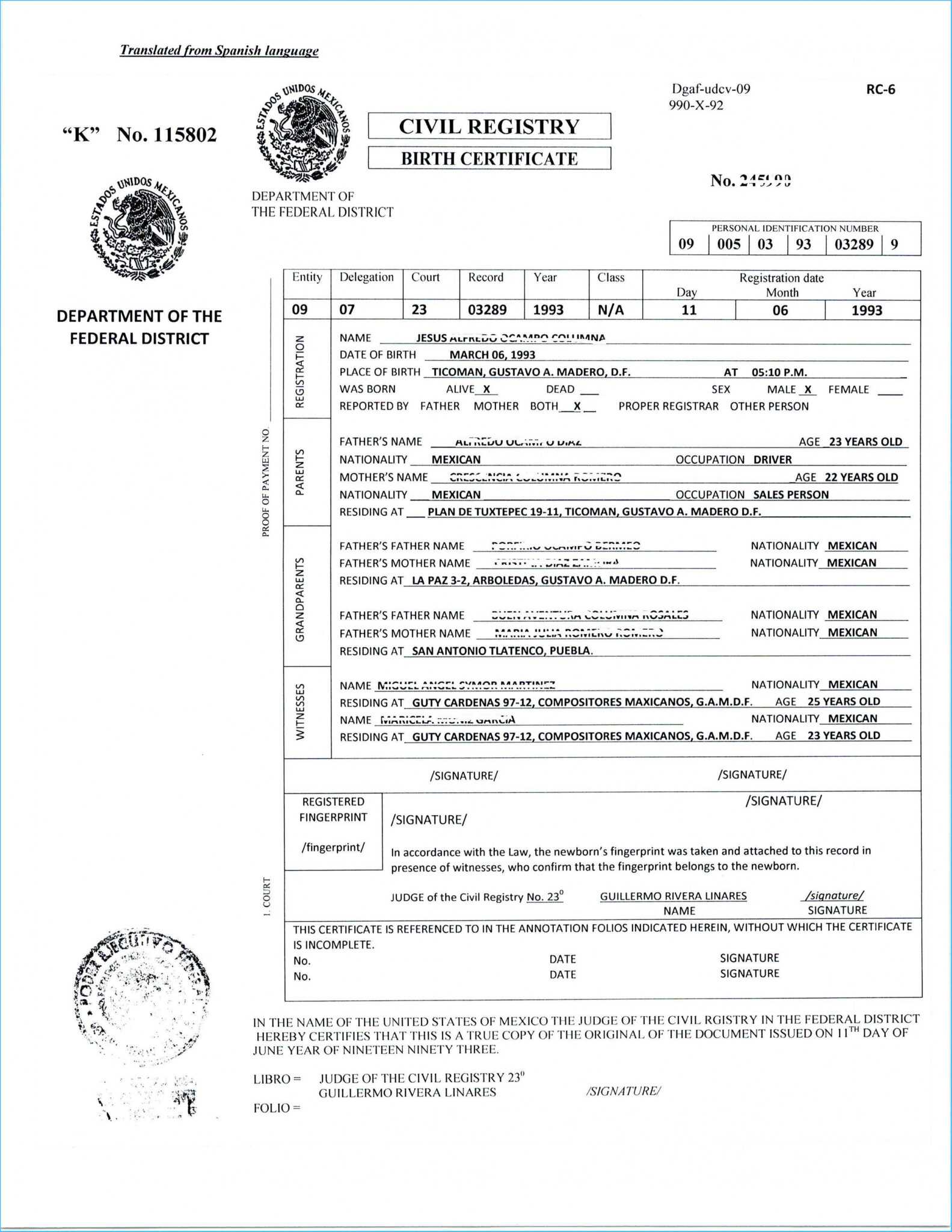 Translate Mexican Birth Certificate Sample Of Translated Inside Uscis
