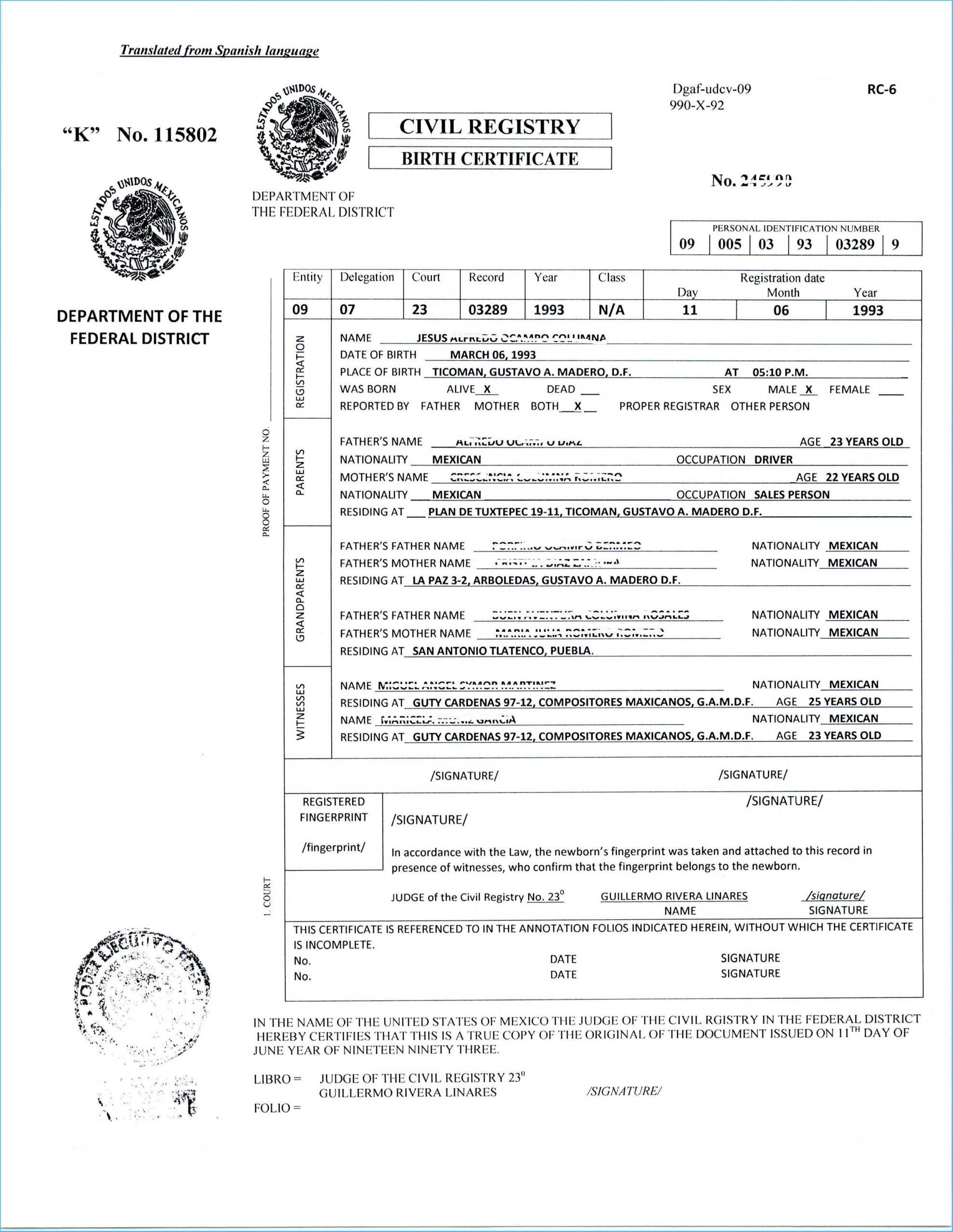Translate Mexican Birth Certificate Sample Of Translated Inside Uscis Birth Certificate Translation Template
