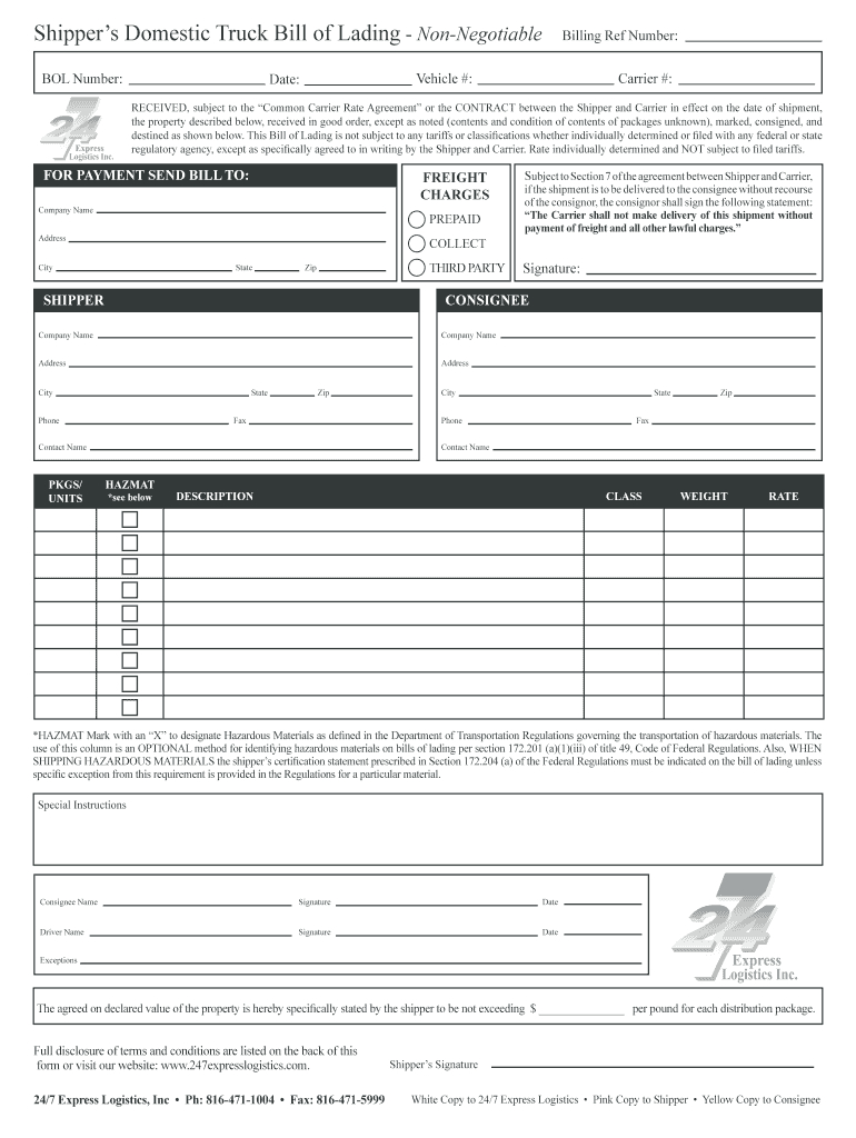 Truck Bill Of Lading – Fill Online, Printable, Fillable Within Blank Bol Template