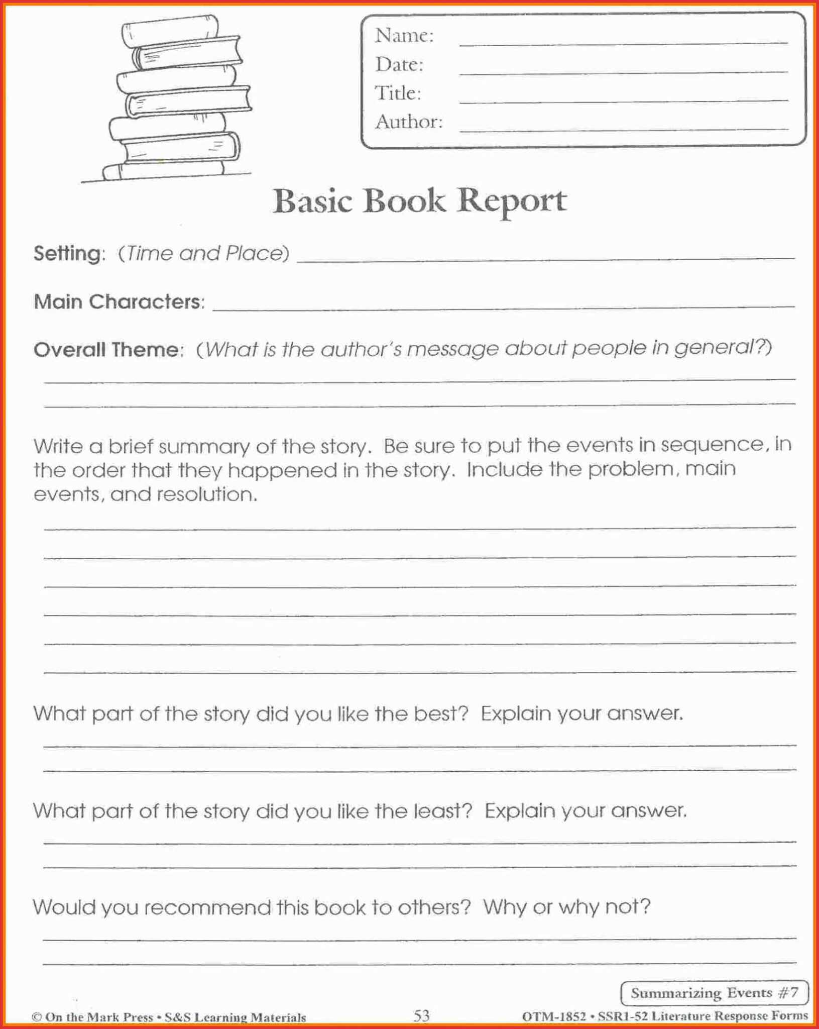 Book Report Template 5Th Grade