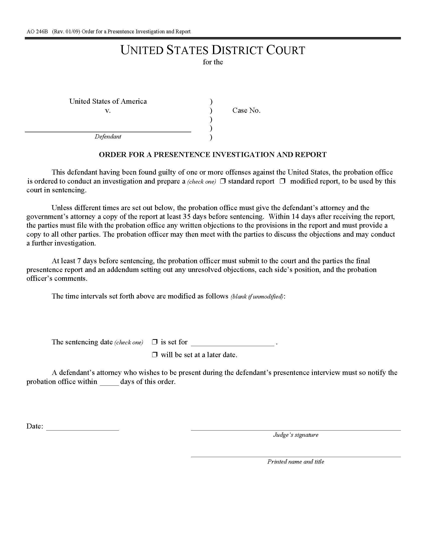Usa Order For Presentence Investigation And Report Form Throughout Presentence Investigation Report Template