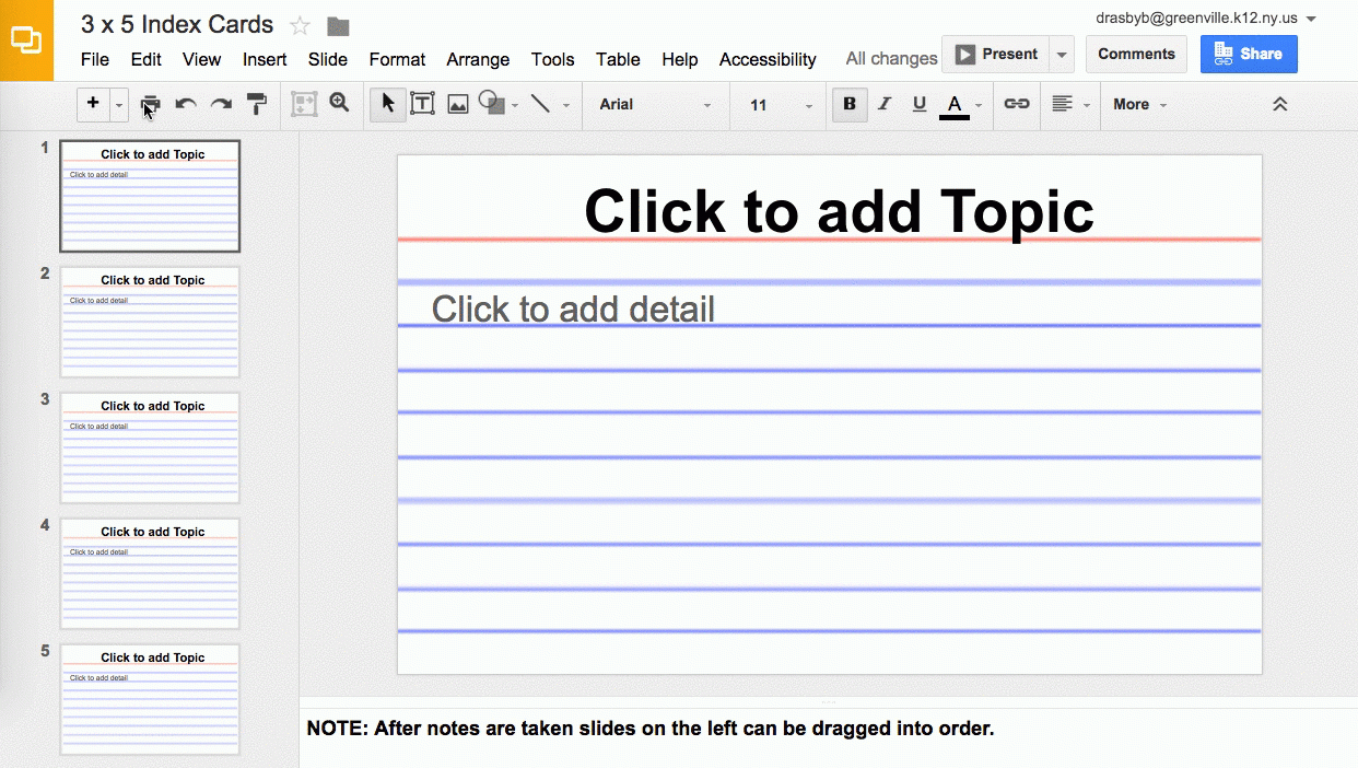 Using Google Slides To View Multiple Slides As One Sheet With Index Card Template Google Docs