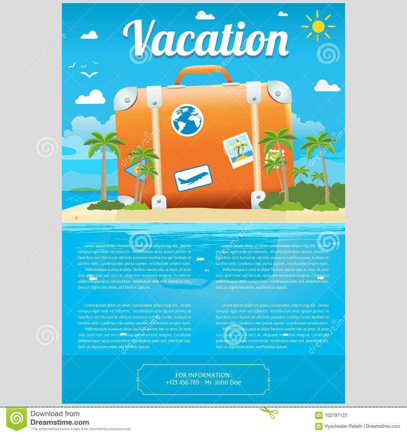 Vector Illustration Of Travel Suitcase On The Sea Island With Island Brochure Template