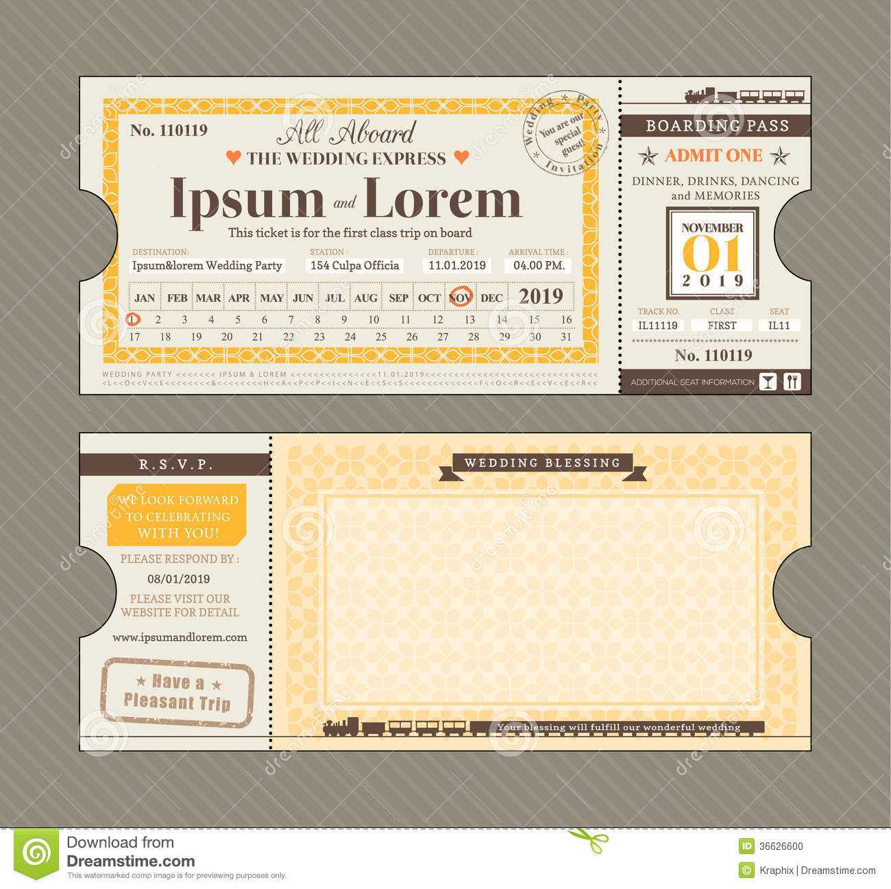 Vector Train Ticket Wedding Invitation Design Template Stock Intended For Blank Train Ticket Template