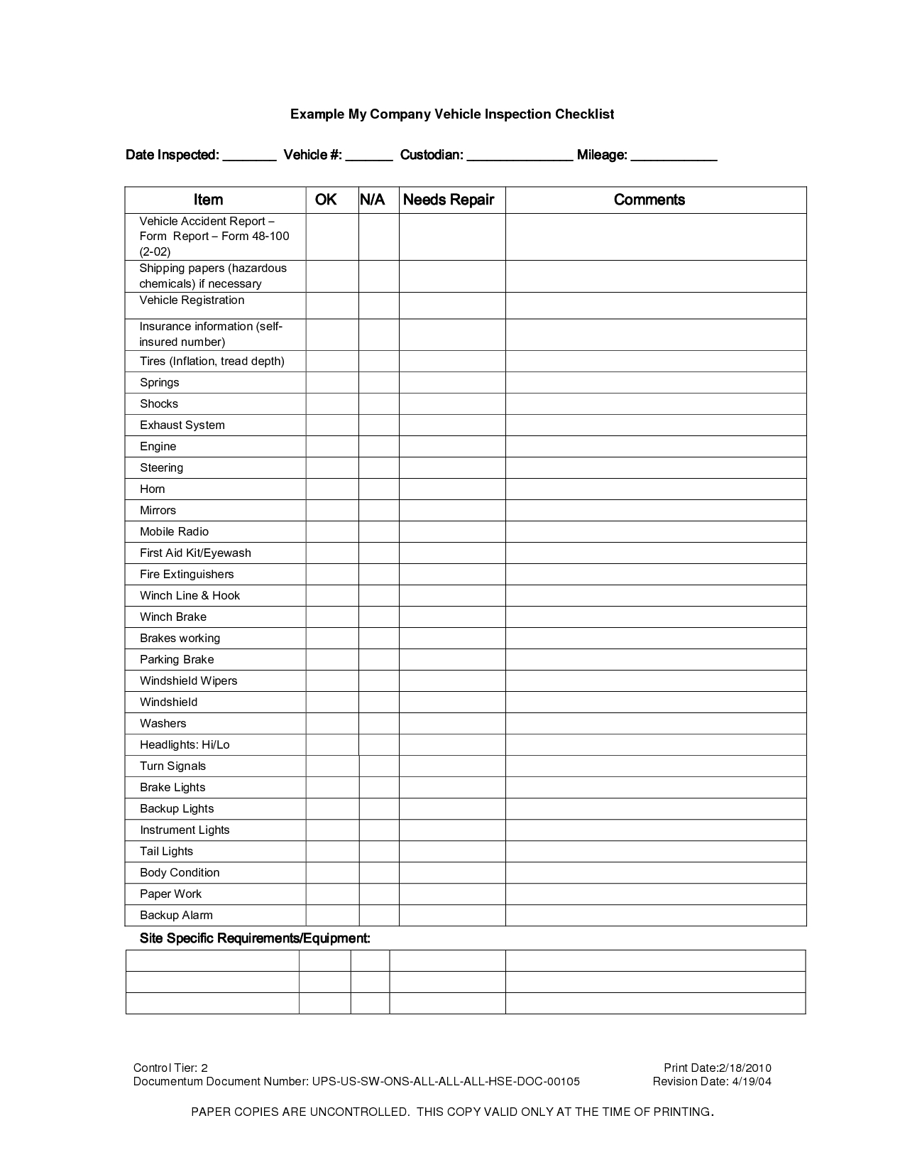 Vehicle Inspection Checklist Template | Vehicle Inspection For Machine Shop Inspection Report Template