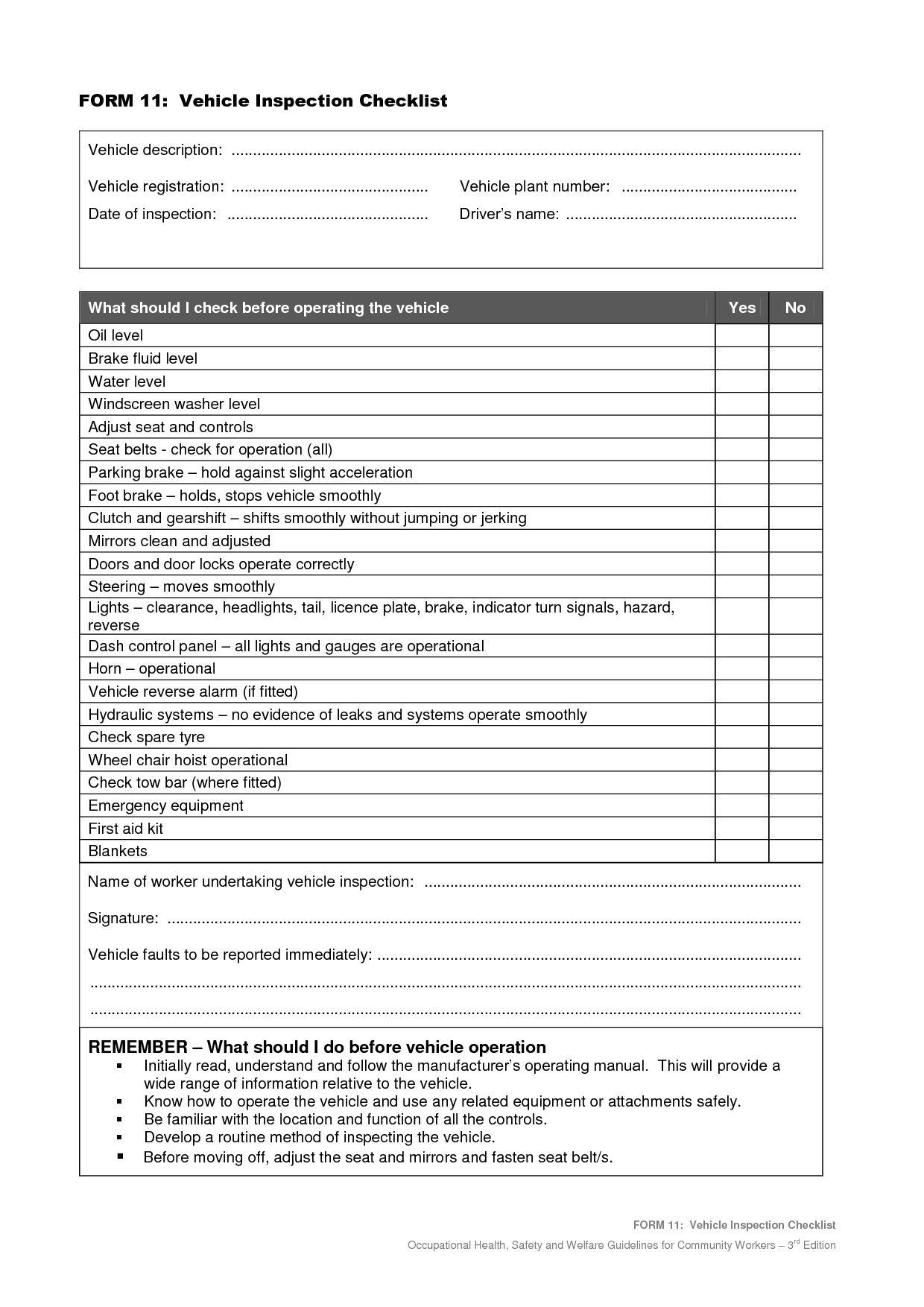 Vehicle Safety Inspection Checklist Form | Vehicle In Equipment Fault Report Template