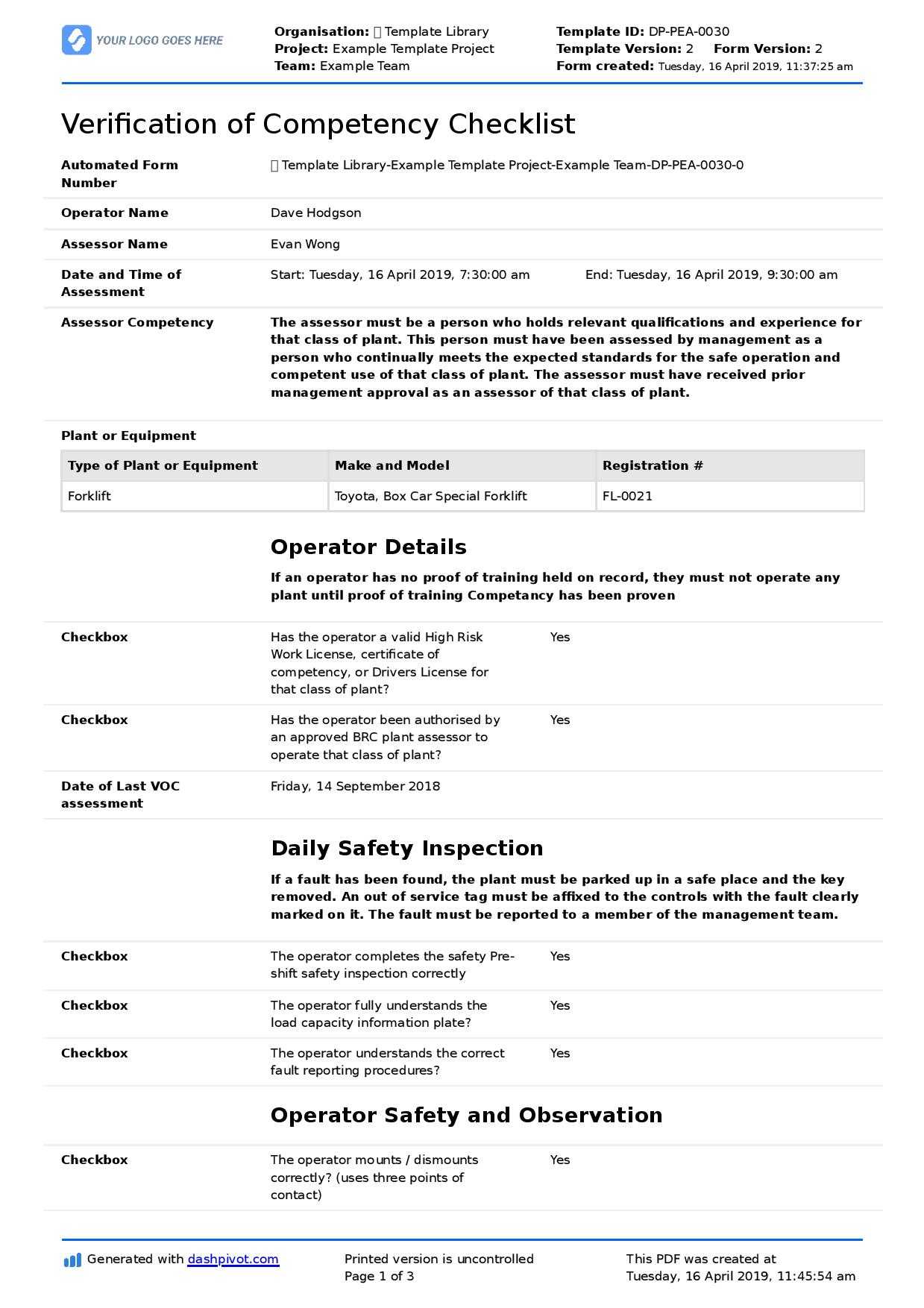 Verification Of Competency Template (Free And Editable Voc Form) With Regard To Equipment Fault Report Template