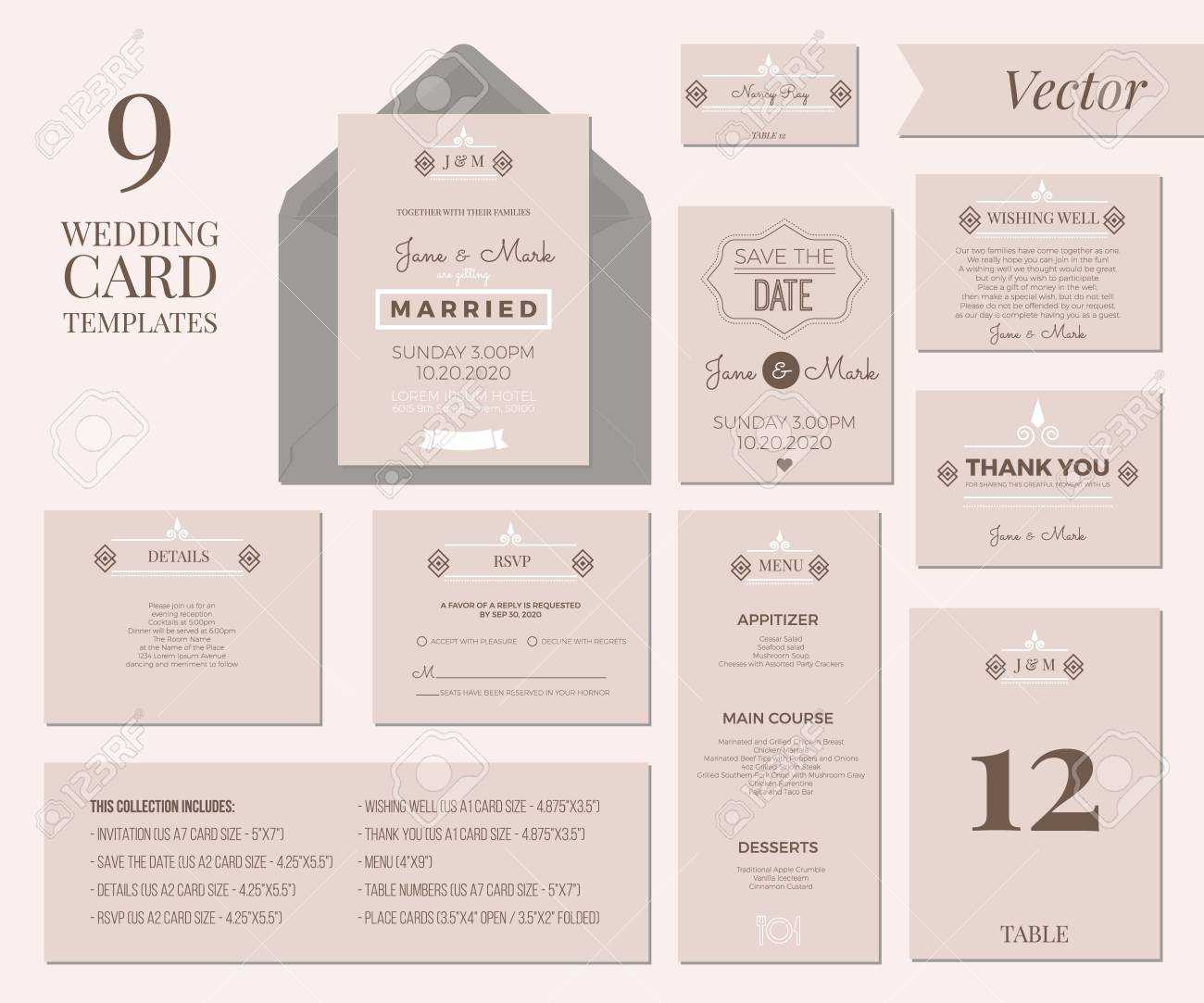 Vintage Minimal Wedding Invitation Card Collection Set Template.. Throughout Wedding Card Size Template