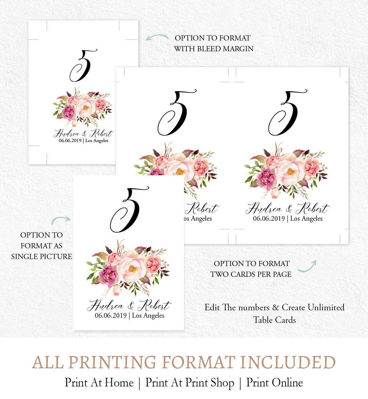 Watercolor Flowers Table Numbers Signage, Editable Numbers Card Template  Digital Printable F9 In Table Number Cards Template