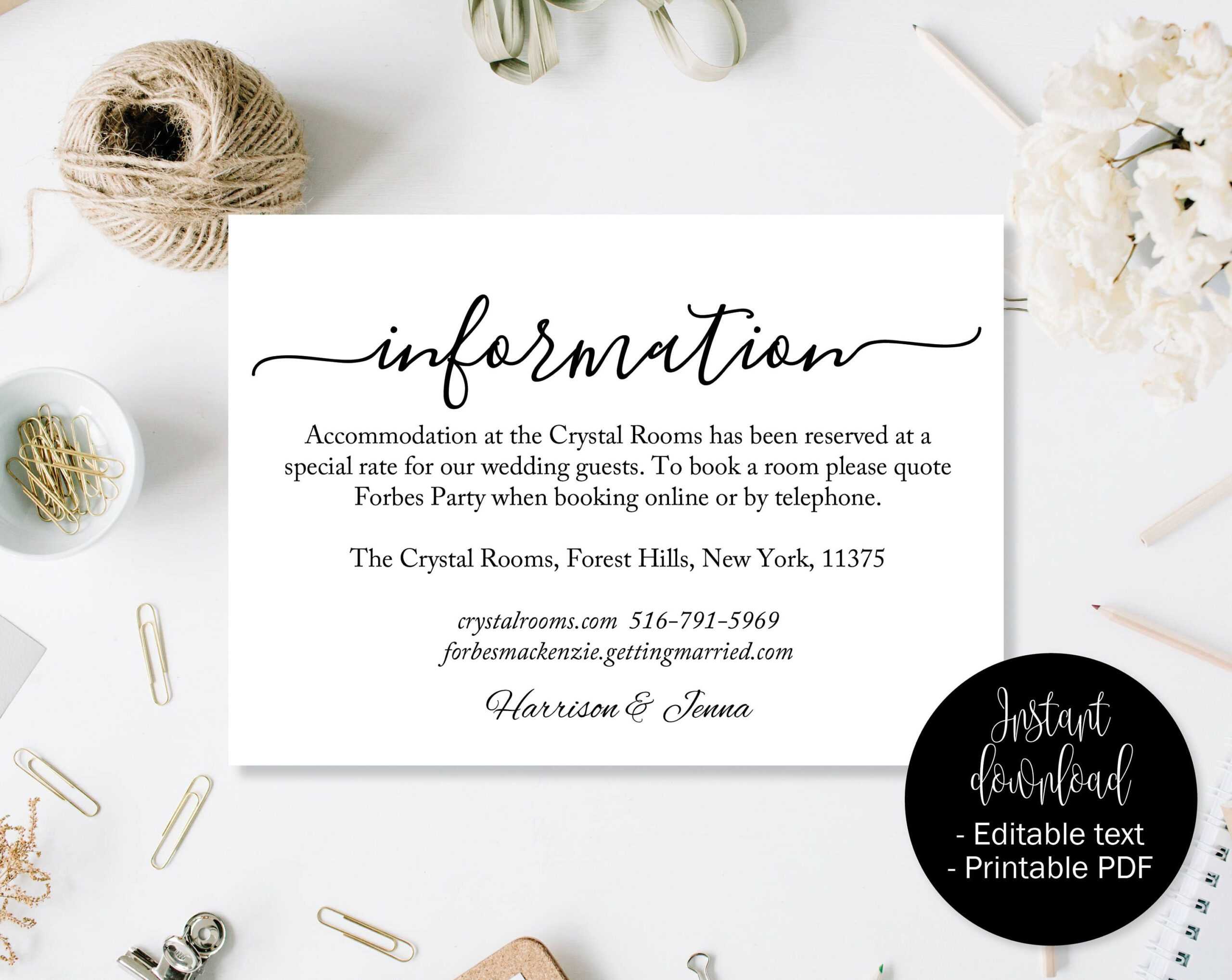 Wedding Guest Details Template, Wedding Guest Accommodation For Wedding Hotel Information Card Template