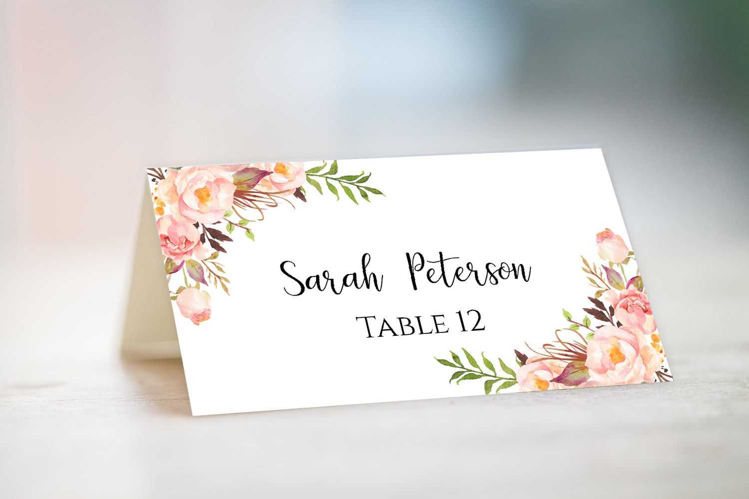Wedding Place Card Template Fully Editable Diy Peony Flowers Pertaining To Table Name Card Template