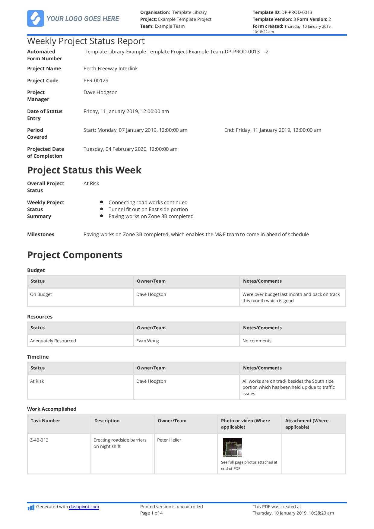 Weekly Project Status Report Template – Free And Customisable With Production Status Report Template