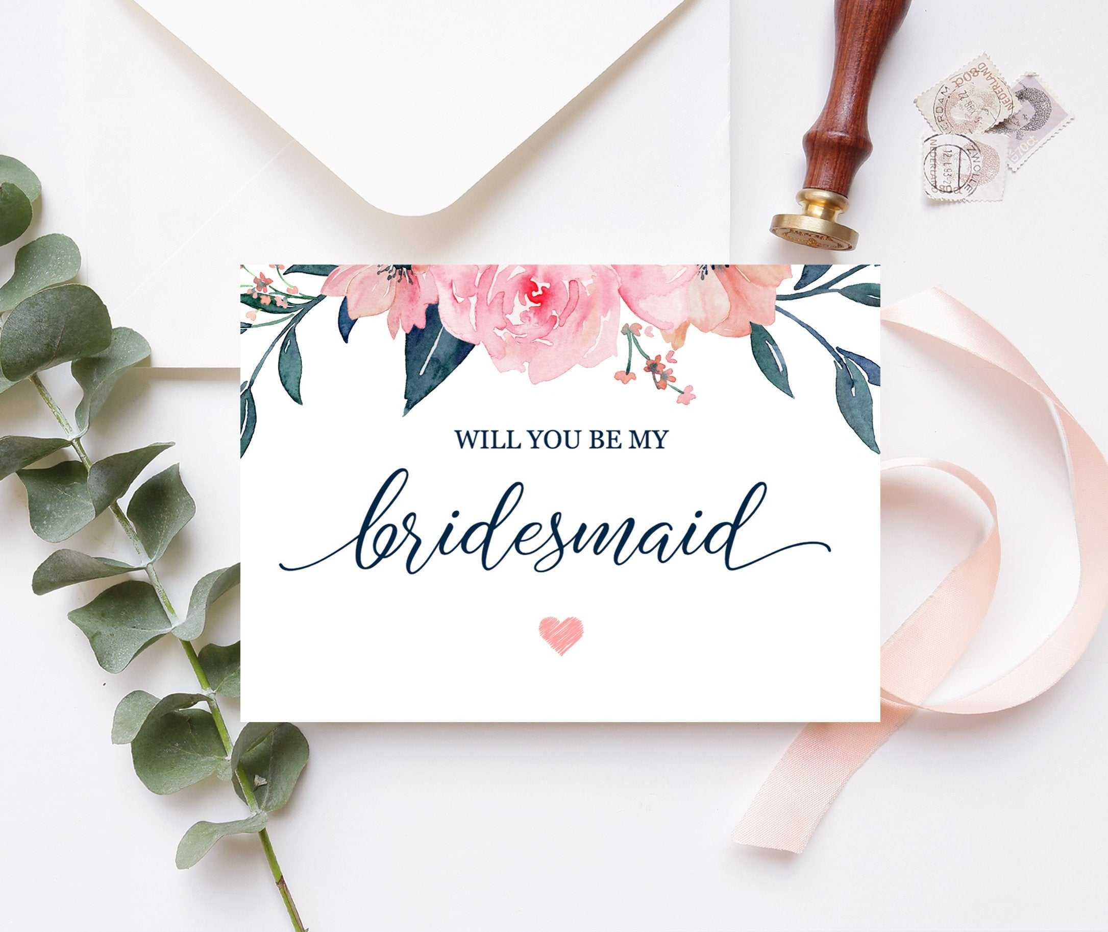 Will You Be My Bridesmaid Card Bridesmaid Proposal Card Floral Bridesmaid  Card Maid Of Honor Proposal Pink Navy Printable 100 03Bp For Will You Be My Bridesmaid Card Template