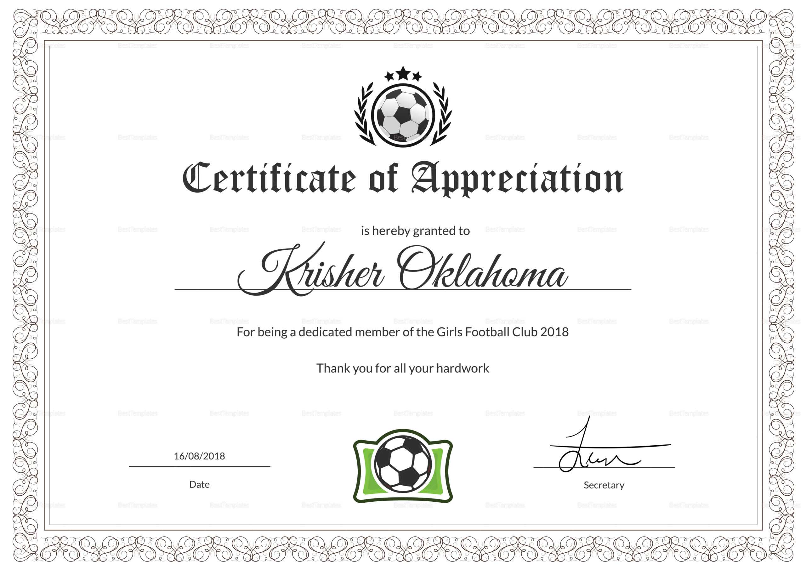 Women Football Appreciation Certificate Template Regarding Football Certificate Template