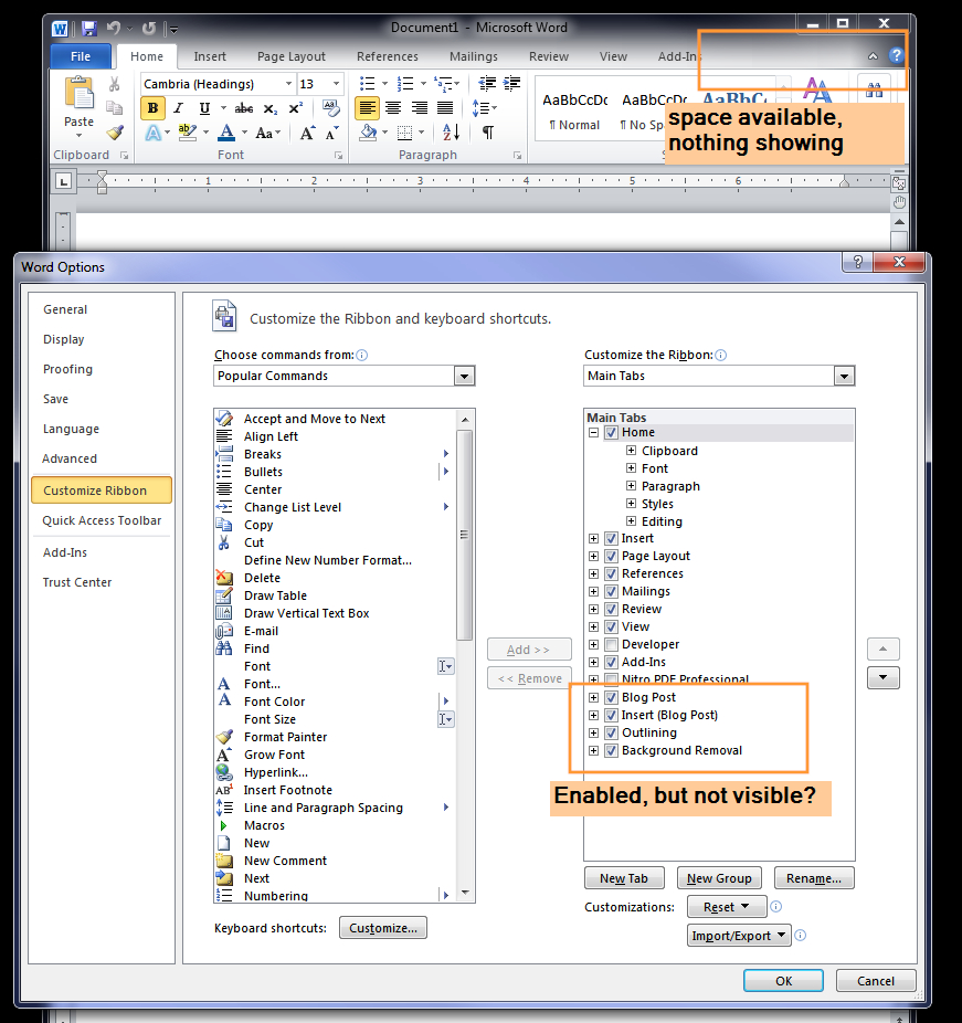 Word: How To Show Hidden Ribbon Tabs? – Super User Within Word 2010 Templates And Add Ins
