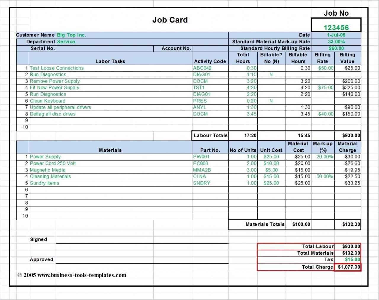 Workshop Job Card Template Excel, Labor & Material Cost For Mechanic Job Card Template