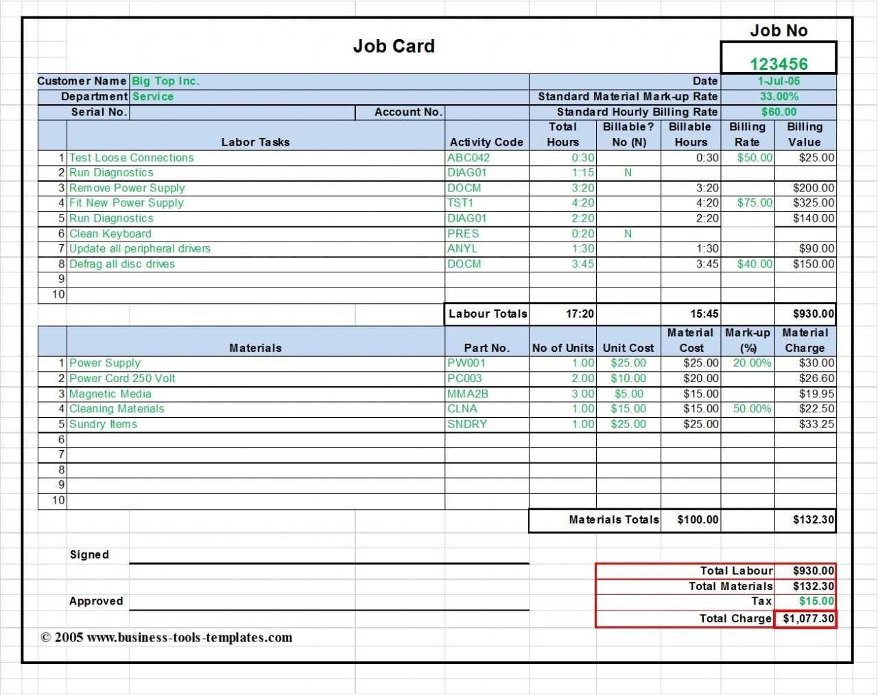 Workshop Job Card Template Excel, Labor & Material Cost In Job Cost Report Template Excel