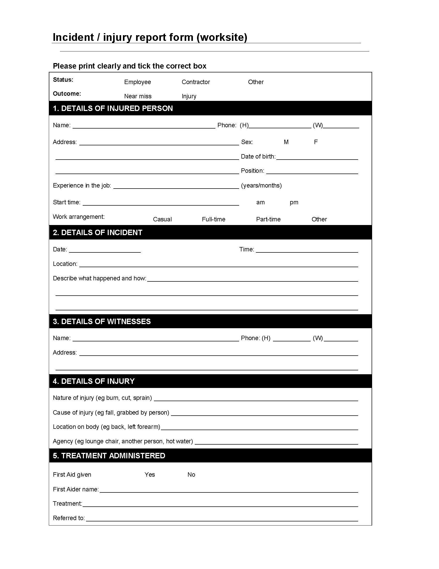 Worksite Incident / Injury Report Form | Legal Forms And For Injury Report Form Template