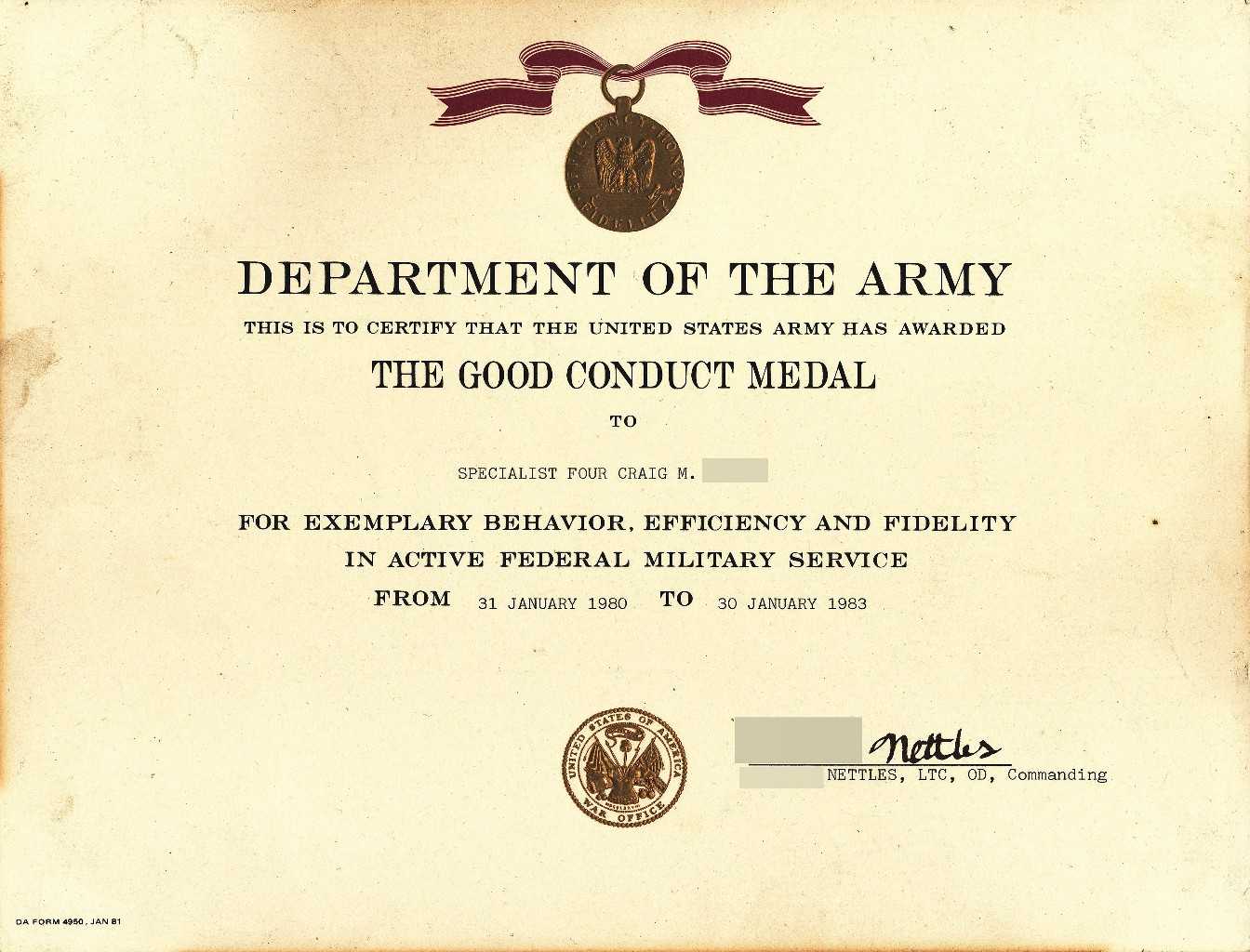 Army Good Conduct Medal Certificate Template ...