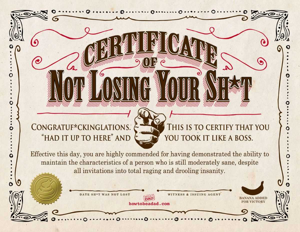 Your Certificate Of Not Losing Your Sh*t | Funny For Funny Certificates For Employees Templates
